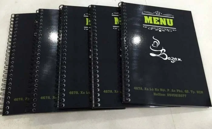 In menu bồi bìa cứng đóng gáy lò xo
