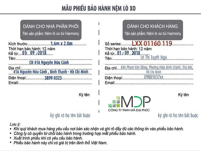 Đặc điểm về hình thức của phiếu bảo hành gồm: hình dạng, màu sắc, bố cục trình bày, họa tiết.