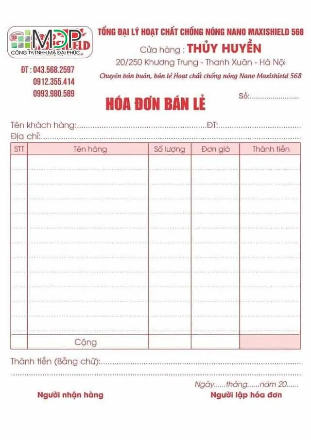 Mẫu hóa đơn bán lẻ số 1